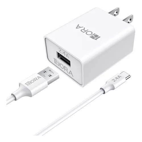 Cargador Combo 2.4A 1Hora USB A con Cable USB A - Tipo C 1M (Carga Rápida)