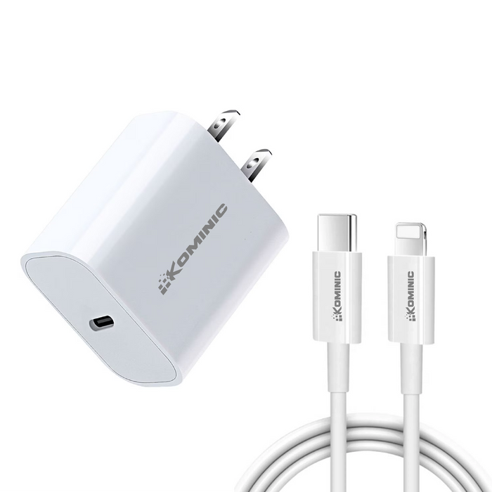 Cargador Combo 20W Kominic Tipo C con Cable Tipo C - Lighthing (iPhone) 1M (Carga Rápida)