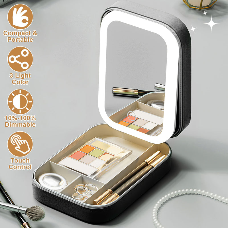 Travel Cosmetic Bag with LED Mirror and Dimmable Light