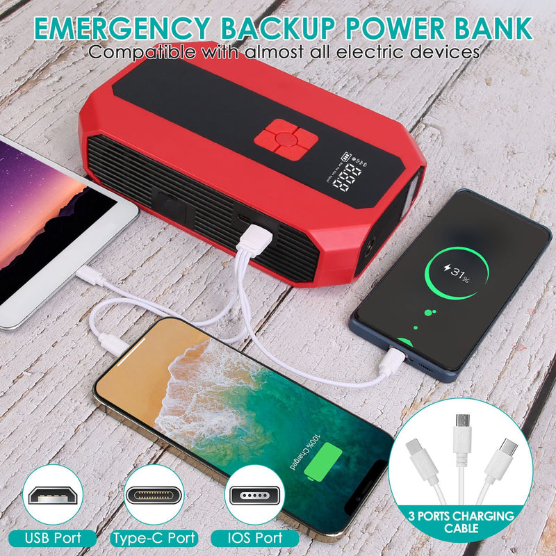 Battery Charger and Compressor - Car Jump Starter with Power Bank and Digital Control
