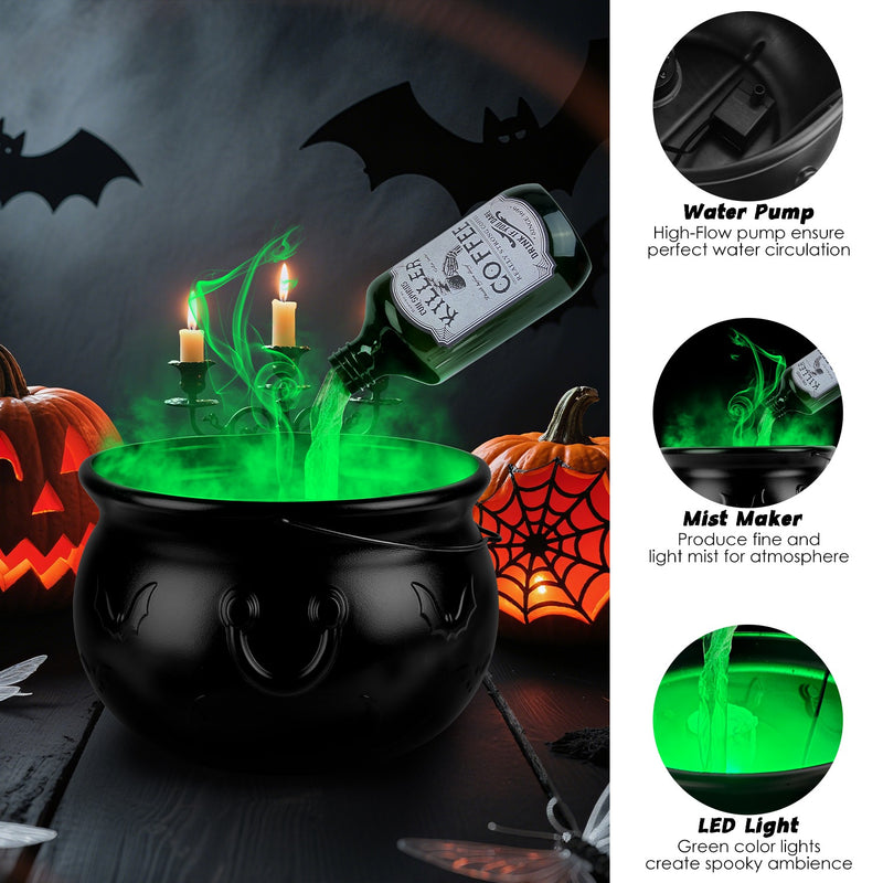 Halloween Cauldron with Floating Bottle and LED Mist Decoration