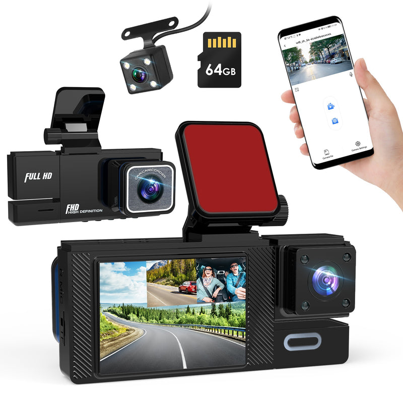 3-Channel Dash Cam – Full HD with WiFi, Night Vision, and 64GB Card