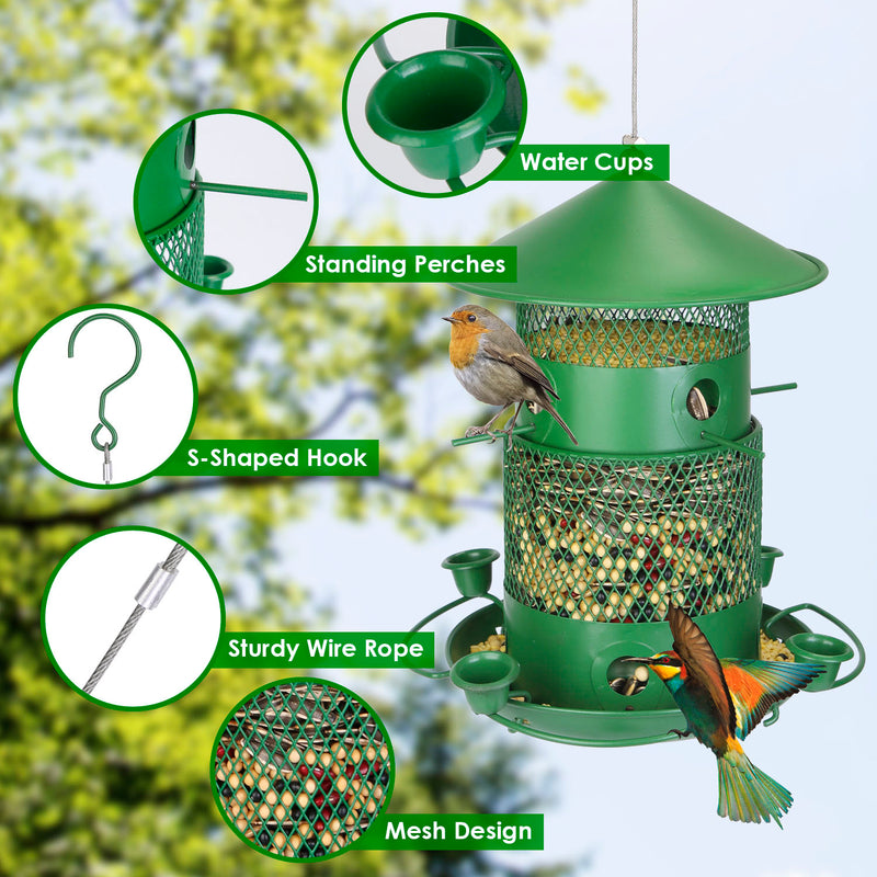 3-Tier Hanging Bird Feeder – Rust-Proof Metal with 4 Drinkers and 6 Perches