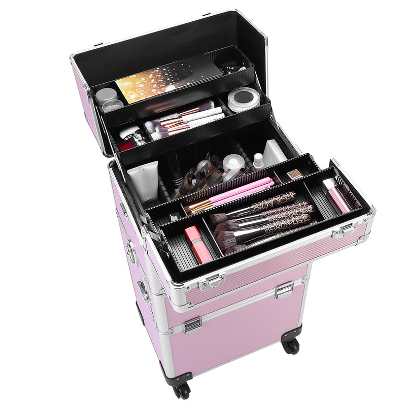 3-in-1 Makeup Organizer Cart – Pink Aluminum with Wheels