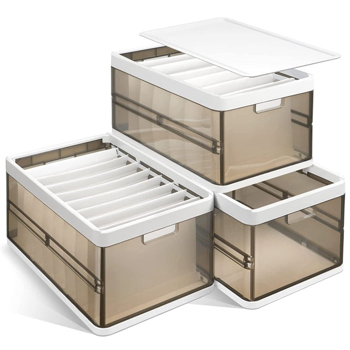 Set of 3 Foldable Storage Boxes – Stackable with Clear Lids and Dividers