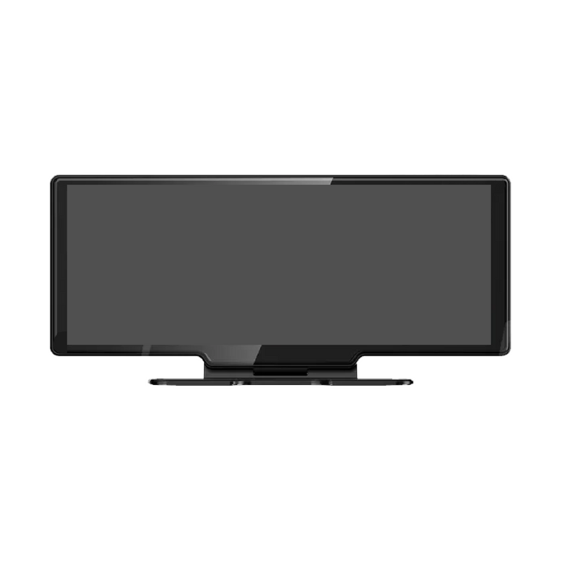 Pantalla de coche HD de la marca 0005 con cámara frontal y trasera para grabación y vigilancia en automóviles.