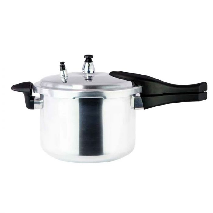 Olla de presión Oster de 4.2 litros, en color plateado, con mango y tapa de seguridad, ideal para cocinar en el hogar.