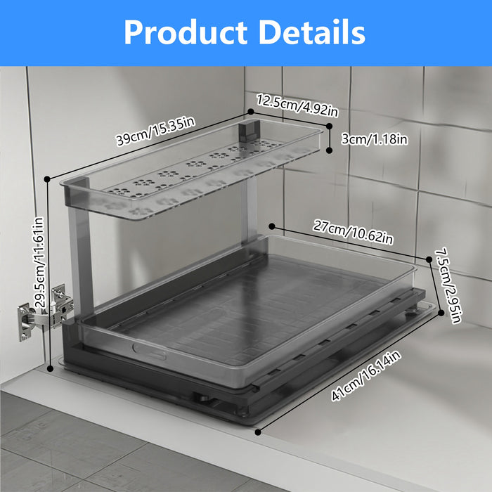 1Pc 2-Tier Pull Out Under Sink Organizer Cabinet Organizer with Sliding Drawer Tray L-Shaped Slide Out Storage Shelves for Bathroom Kitchen Cabinet