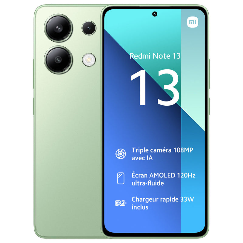 Teléfono Xiaomi Redmi Note 13 con pantalla de 6.67 pulgadas, 256GB, 8GB RAM y doble SIM, en color negro.