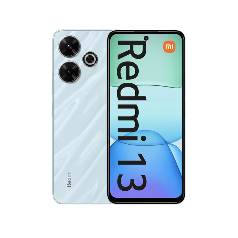 Celular Xiaomi Redmi 13 4G en color azul con pantalla de 6.79", dual SIM, 256GB ROM y 8GB RAM.