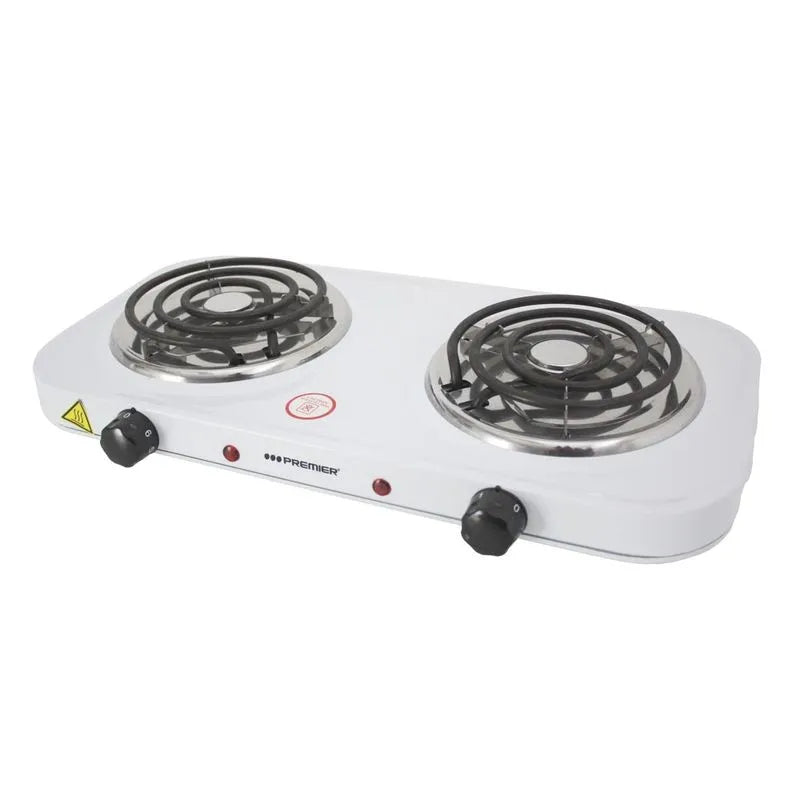 Estufa eléctrica de 2 quemadores Premier para hogar, con superficie de vidrio y controles sencillos en color negro.