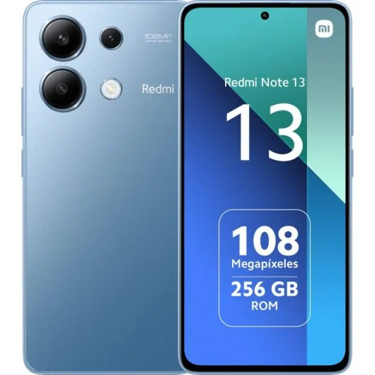 Teléfono Xiaomi Redmi Note 13 azul con pantalla de 6.67 pulgadas, 8GB RAM y 256GB de almacenamiento.