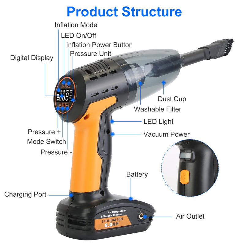 4-in-1 Cordless Car Vacuum Cleaner – With Tire Inflator and Digital Display