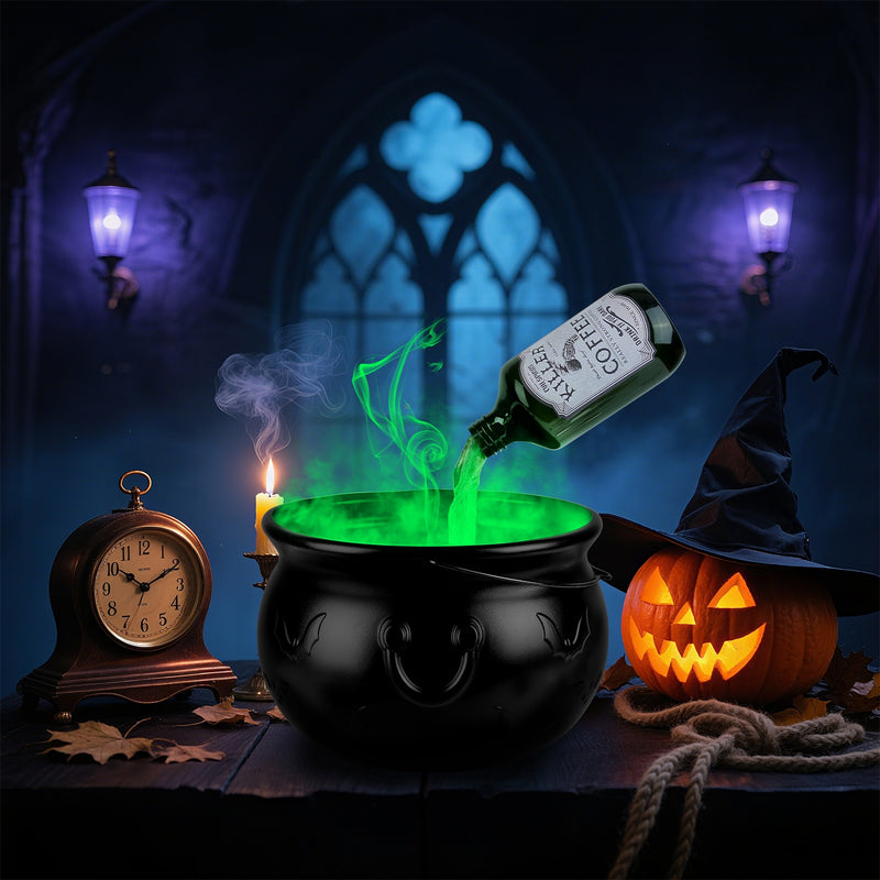 Halloween Cauldron with Floating Bottle and LED Mist Decoration