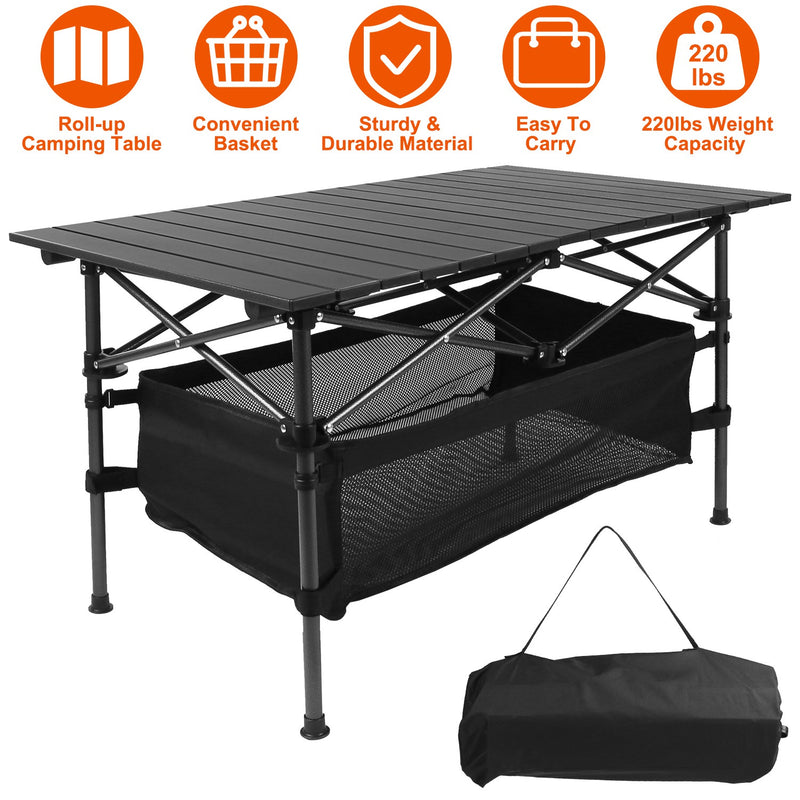 Folding Camping Table with Basket - Portable Aluminum and Steel, 100kg Capacity