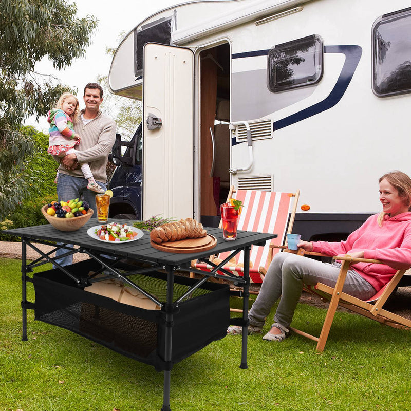 Folding Camping Table with Basket - Portable Aluminum and Steel, 100kg Capacity