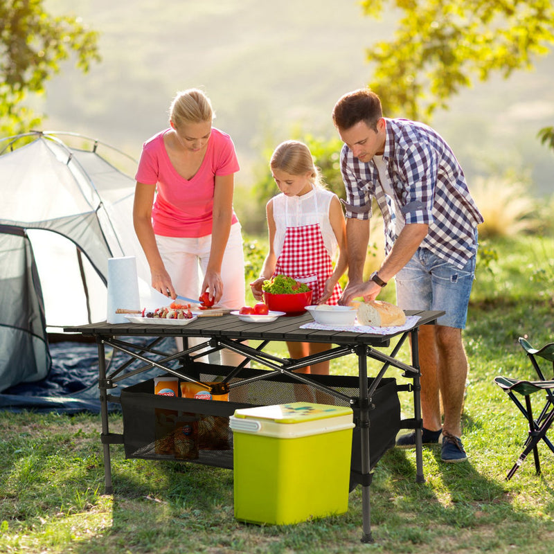 Folding Camping Table with Basket - Portable Aluminum and Steel, 100kg Capacity