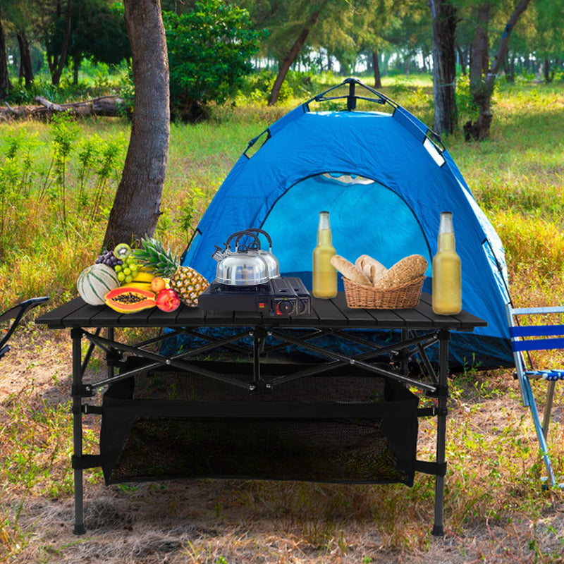 Folding Camping Table with Basket - Portable Aluminum and Steel, 100kg Capacity