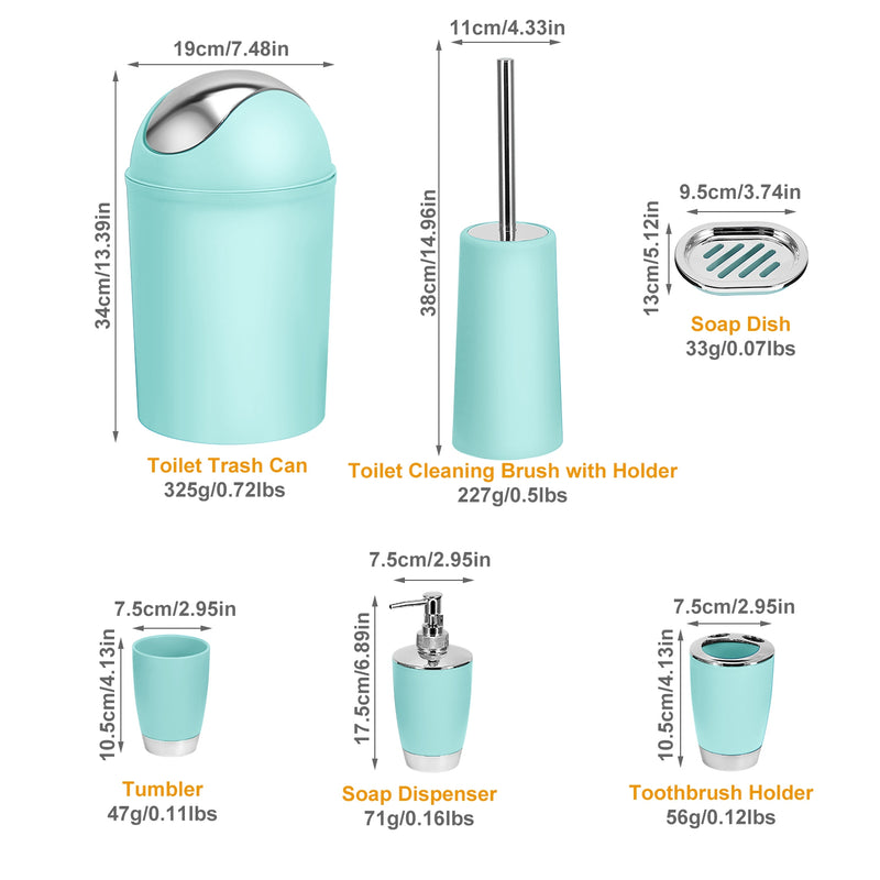 Elegant Bathroom Set - 6 Pieces with Soap Dish, Toilet Brush, and Waste Bin