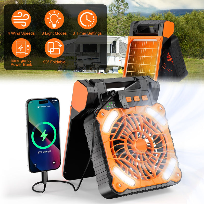3-in-1 Solar Camping Fan – With LED Lantern and Rechargeable Power Bank