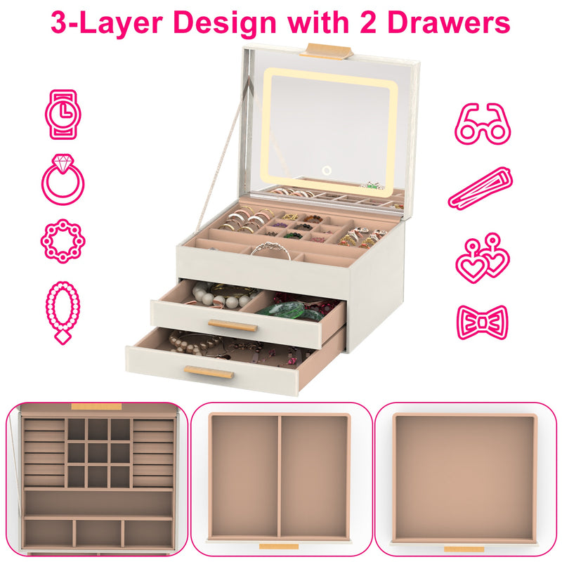 3-Tier Jewelry Organizer – With Illuminated Mirror and 2 Drawers
