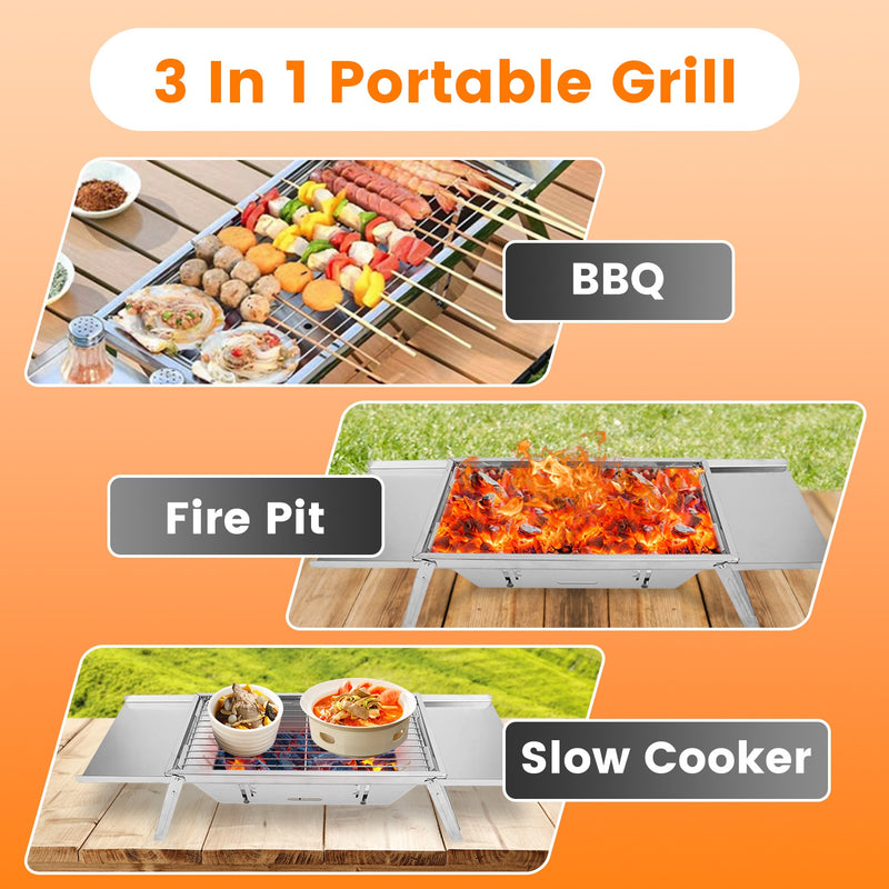 Multifunctional Camping Grill – Barbecue, Fire Pit, and Slow Cooker in Stainless Steel