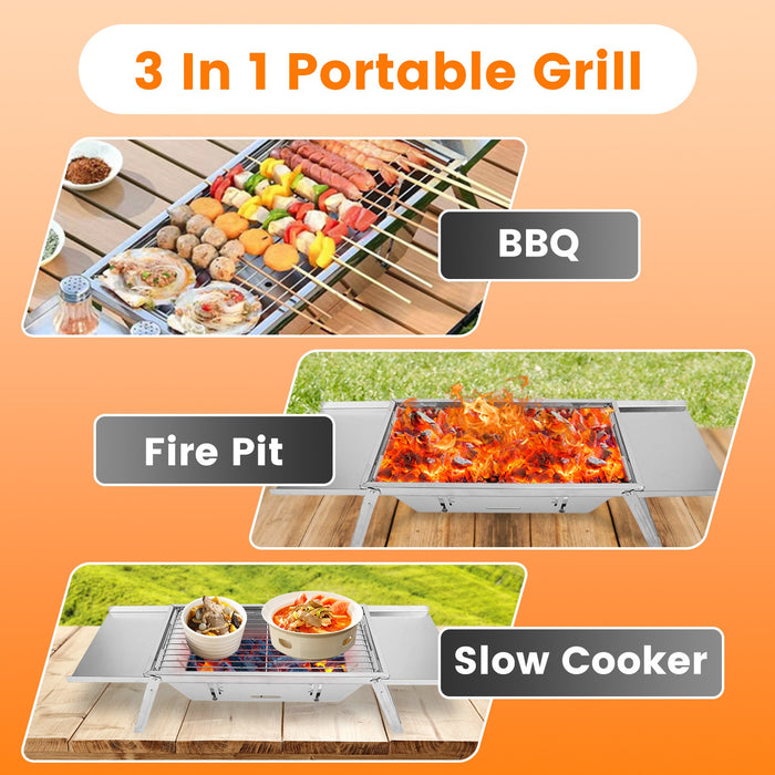 Multifunctional Camping Grill – Barbecue, Fire Pit, and Slow Cooker in Stainless Steel