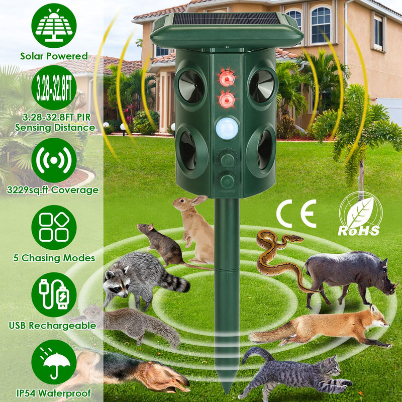 Solar Ultrasonic Animal Repellent - 5 Modes with PIR