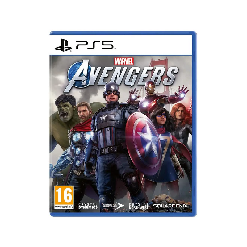 Juego de video Marvel Avengers para PlayStation 5 en caja con arte de los superhéroes Marvel en la portada