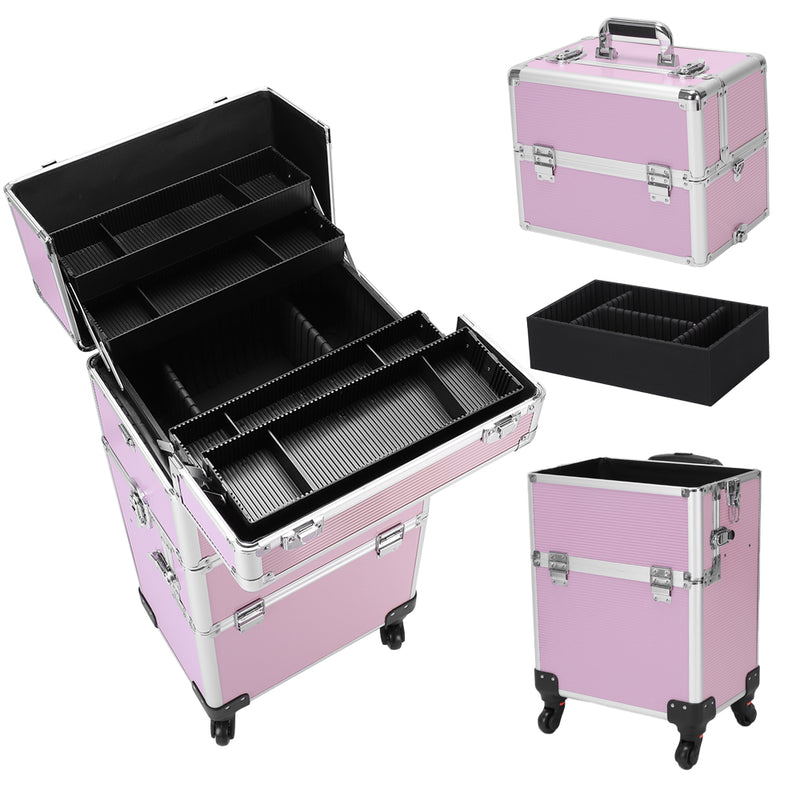 3-in-1 Makeup Organizer Cart – Pink Aluminum with Wheels