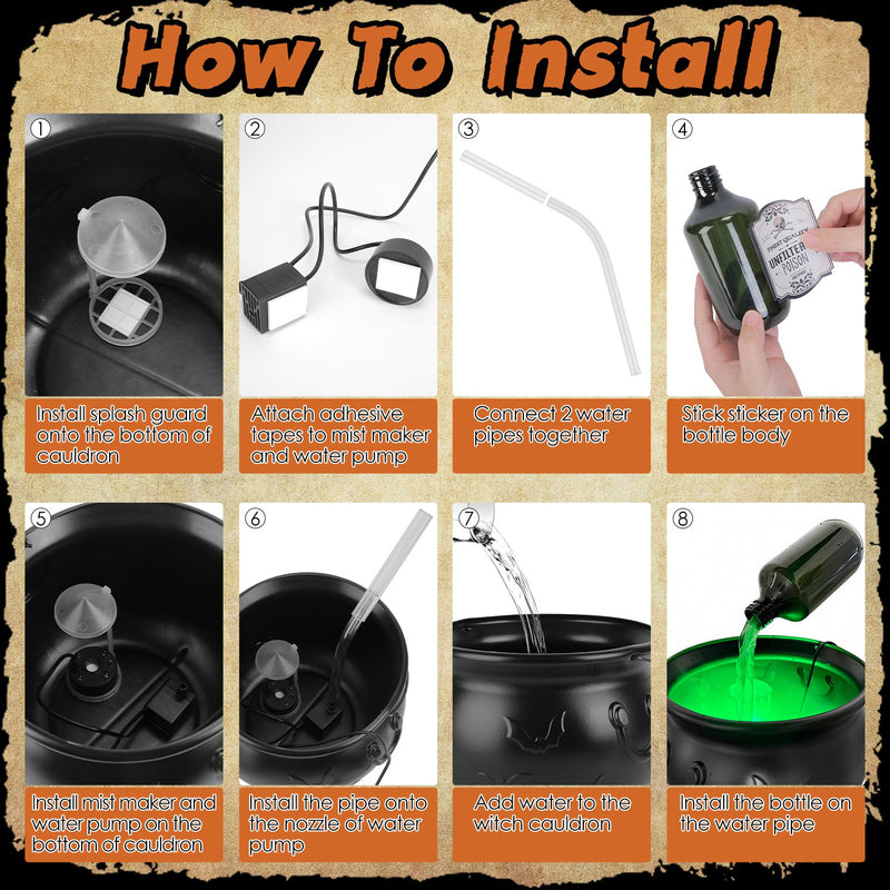 Halloween Cauldron with Floating Bottle and LED Mist Decoration