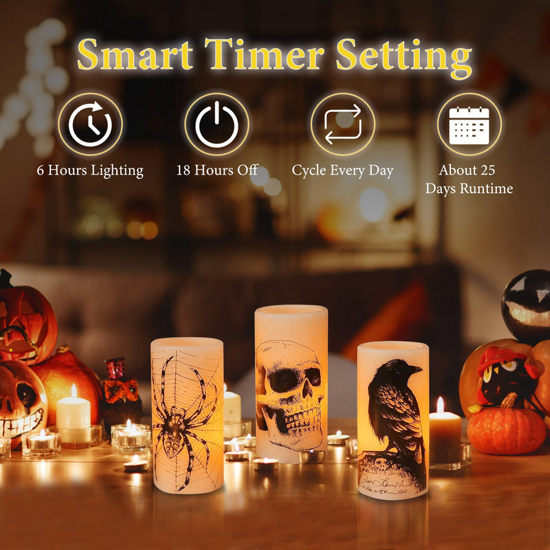 Halloween Decorative Candles – Flameless LED with Automatic Timer (3 Pieces)