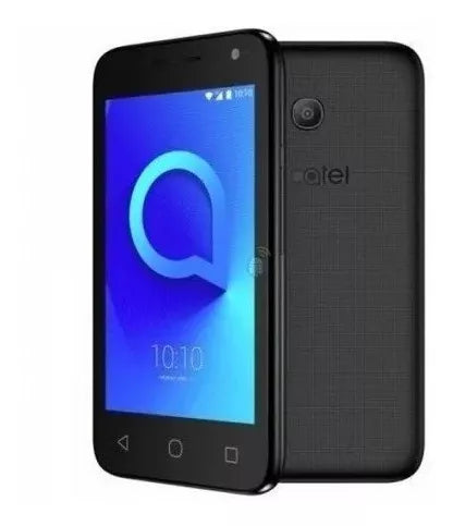 Celular Alcatel 1E 3G con pantalla de 4 pulgadas, doble SIM, 8GB de almacenamiento y 512MB de RAM, en color negro.