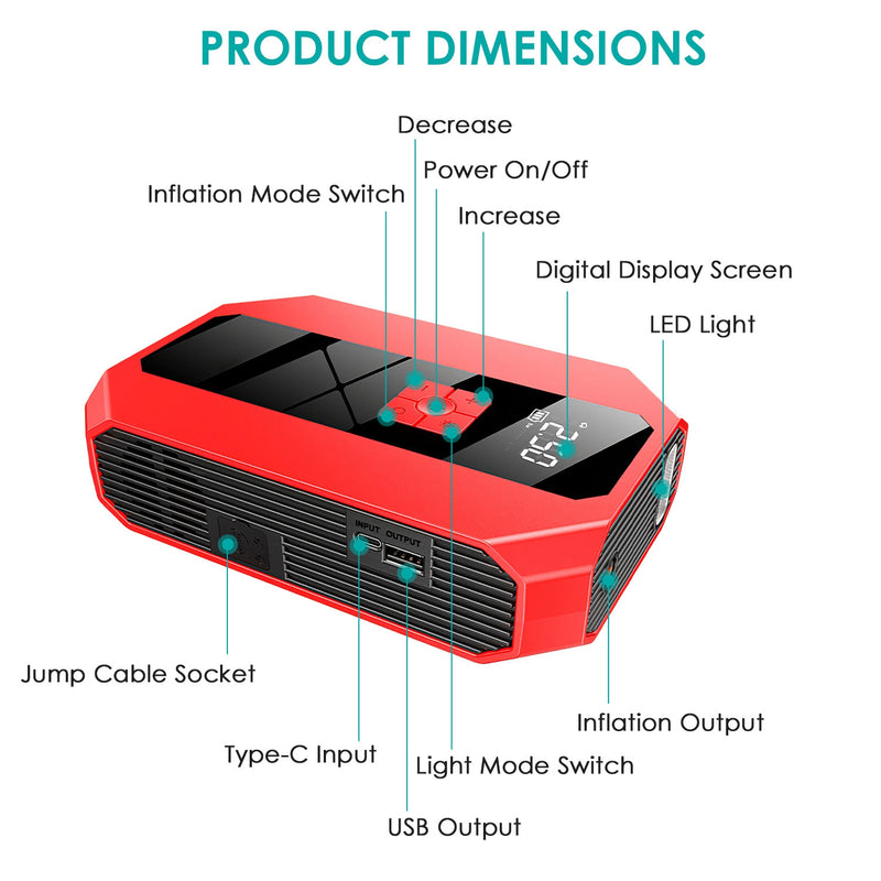 Battery Charger and Compressor - Car Jump Starter with Power Bank and Digital Control