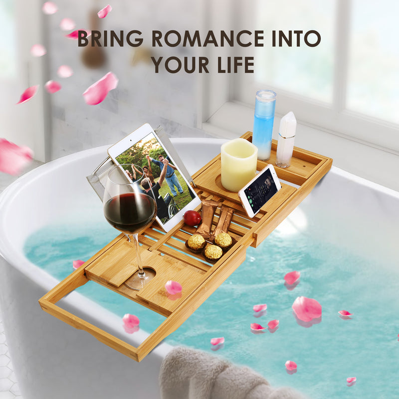 Extendable Bamboo Bathtub Caddy – Multifunctional with Stand