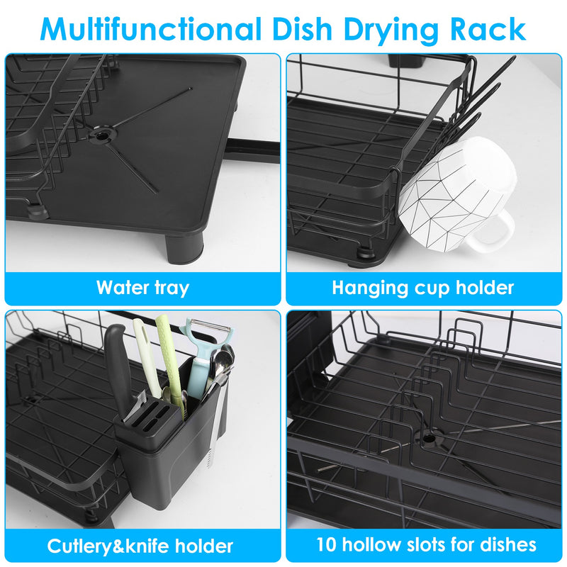 Multifunctional Dish Drying Rack – With 360° Rotating Drain Spout, Cutlery Holder, and Cup Holder
