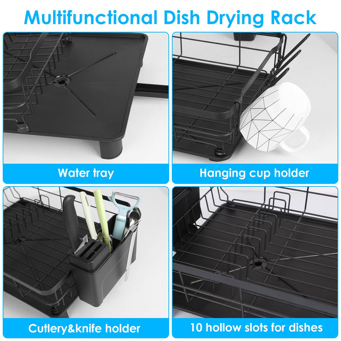 Multifunctional Dish Drying Rack – With 360° Rotating Drain Spout, Cutlery Holder, and Cup Holder