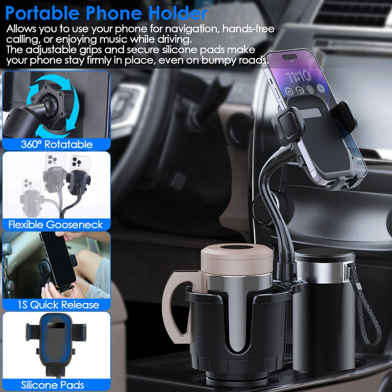 2-in-1 Automotive Support – Cup Holder and 360° Rotating Phone Mount