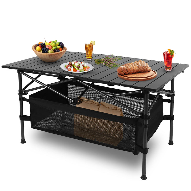 Folding Camping Table with Basket - Portable Aluminum and Steel, 100kg Capacity