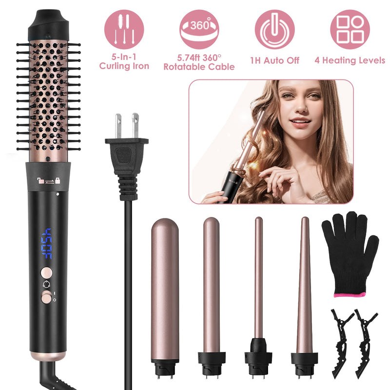 Anti-tangle Thermal Brush – 5-in-1 Curling Iron with 360° Swivel Cord
