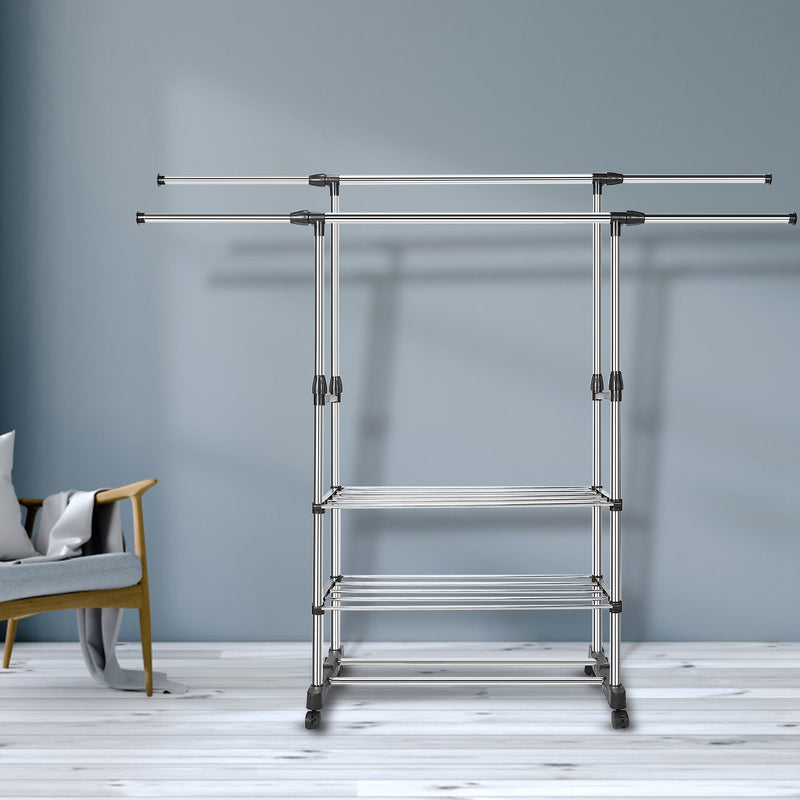 Perchero Ajustable de Acero Inoxidable – Doble Barra con Ruedas