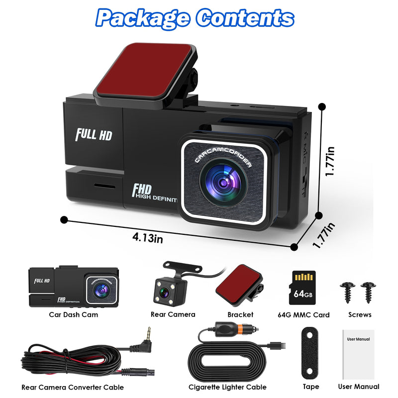 3-Channel Dash Cam – Full HD with WiFi, Night Vision, and 64GB Card