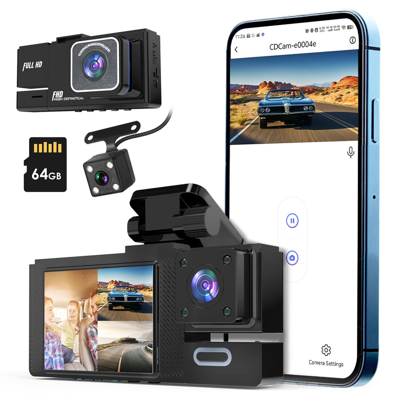3-Channel Dash Cam – Full HD with WiFi, Night Vision, and 64GB Card