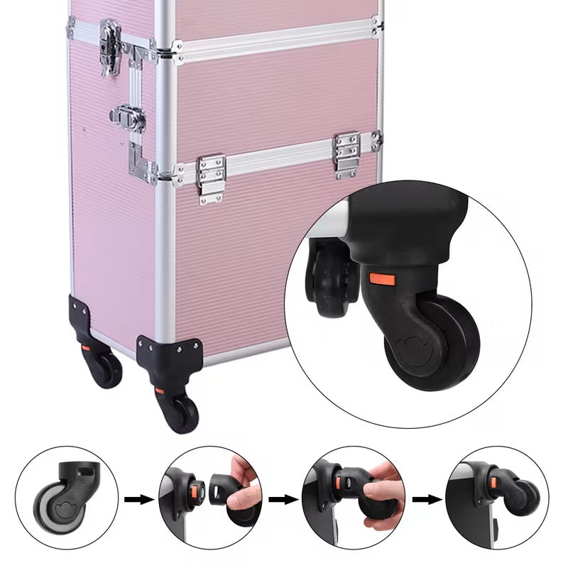 3-in-1 Makeup Organizer Cart – Pink Aluminum with Wheels