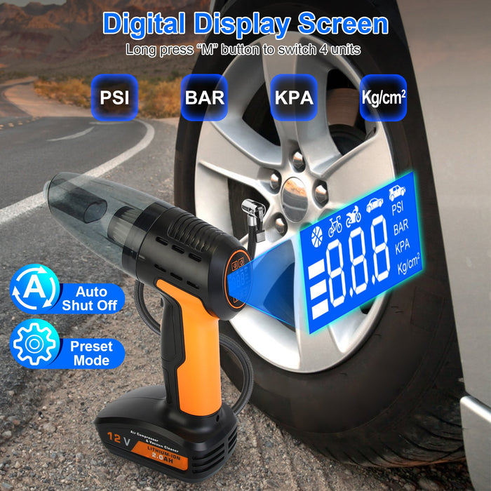 4-in-1 Cordless Car Vacuum Cleaner – With Tire Inflator and Digital Display