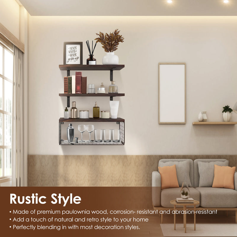 2-in-1 Floating Shelf Set with Metal Basket