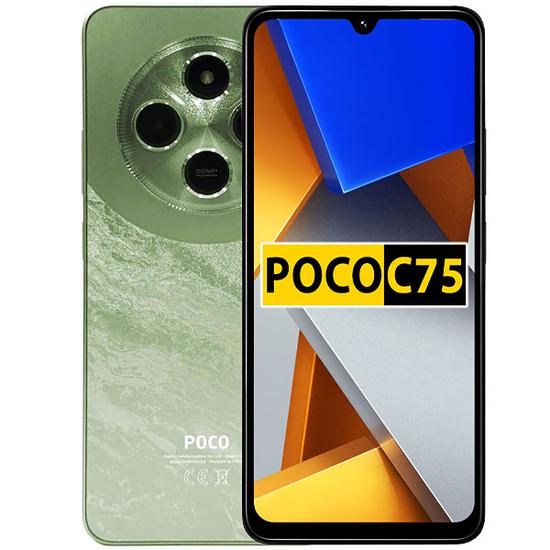 Celular Poco C75 con pantalla de 6.88 pulgadas, 128GB de almacenamiento y 6GB de RAM, en color negro, vista frontal