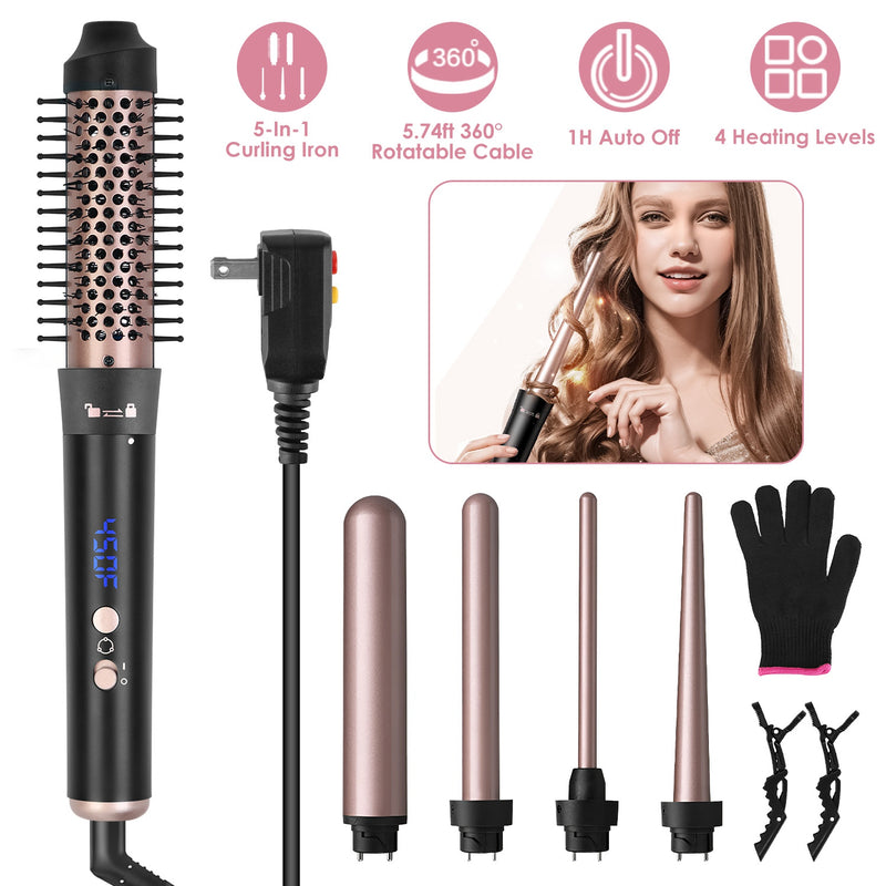 Anti-tangle Thermal Brush – 5-in-1 Curling Iron with 360° Swivel Cord