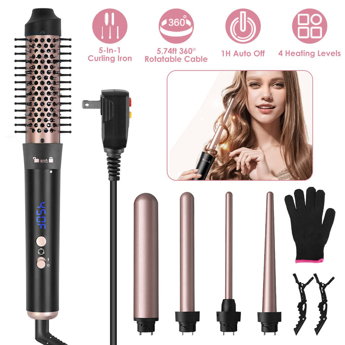 Anti-tangle Thermal Brush – 5-in-1 Curling Iron with 360° Swivel Cord