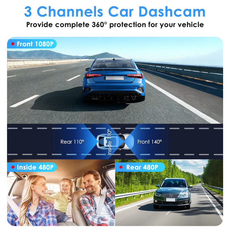 3-Channel Dashcam – Full HD 1080P with WiFi and Night Vision